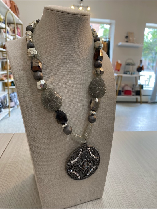 Jewelry - Beaded Gray Statement Necklace with Embellished Pendant
